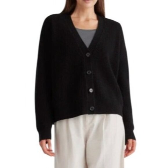 Quince Women's XL Black 100% Cashmere Fisherman Cropped Cardigan Sweater - Picture 1 of 11